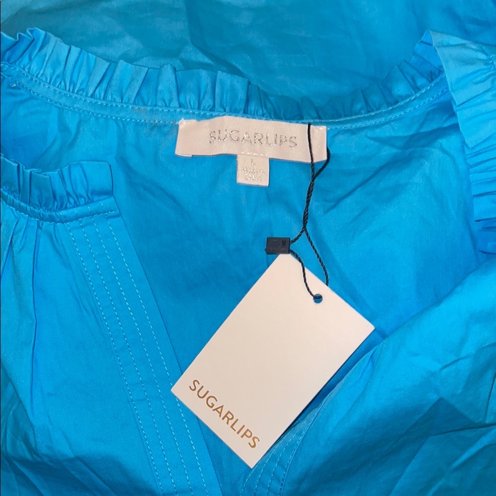Sugarlips Blue Boxy Puff Sleeve Blouse with Mandarin Collar - Picture 2 of 5